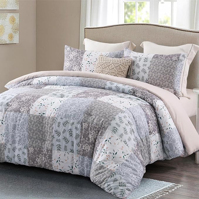 Whale Flotilla Queen Full Comforter Set, Soft Reversible Grey Bedding Comforter Set with Boho Pattern, 1 Micoriber Patchwork Comforter and 2 Pillow Shams, 3 Pieces - LeafyLoom