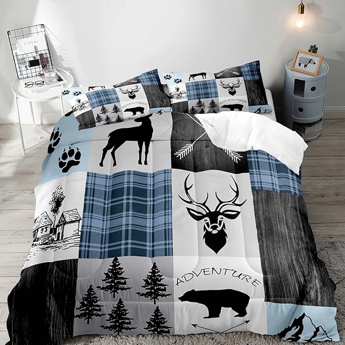 LUVIVIHOME 3PCS Farmhouse Comforter Set Queen Size, Black Bear Deer Elk Moose Woodland Forest Animals Wildlife Hunting Blue Plaid Patchwork Cabin Lodge Country Rustic Bedding Quilt, 2 Pillow Shams - LeafyLoom