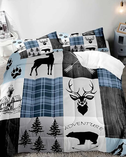 LUVIVIHOME 2PCS Farmhouse Comforter Set, Twin Comforter, Black Bear Deer Elk Moose Woodland Forest Animals Wildlife Hunting Blue Plaid Patchwork Cabin Lodge Country Rustic Bedding Quilt, 1 Pillow Sham - LeafyLoom