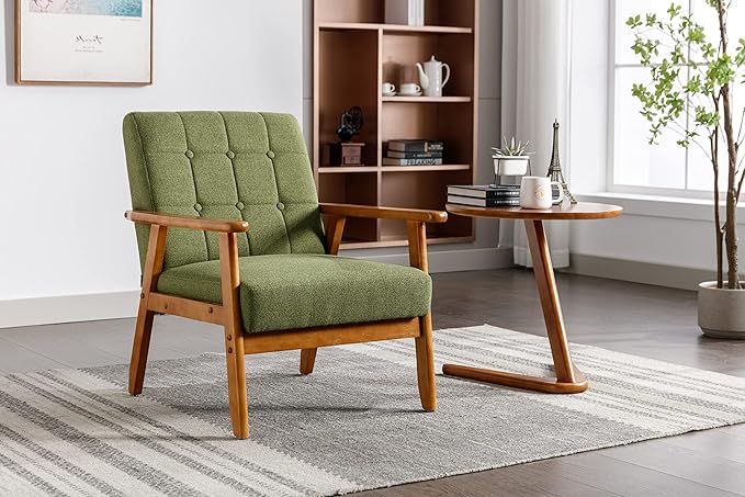 Mid-Century Accent, Modern Single Armchair, Upholstered Leisure Lounge Chair wth Solid Wood Armrest and Feet for Living Room, Bedroom, Office, Green - LeafyLoom