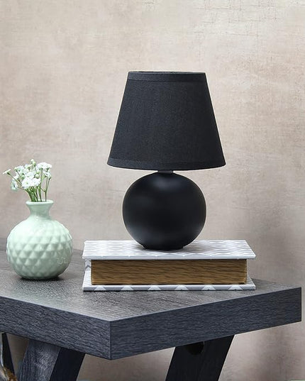 Simple Designs LT2008-BLK Mini Ceramic Globe Table Lamp with Matching Fabric Shade, Black - LeafyLoom