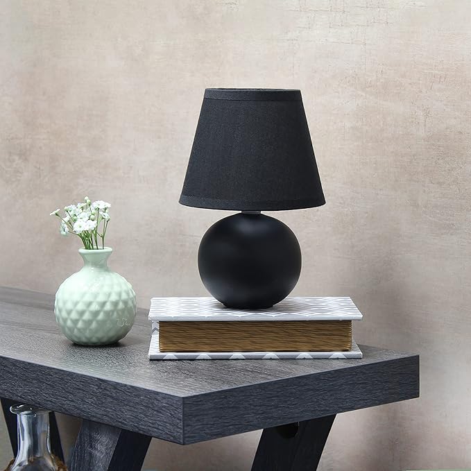 Simple Designs LT2008-BLK Mini Ceramic Globe Table Lamp with Matching Fabric Shade, Black - LeafyLoom