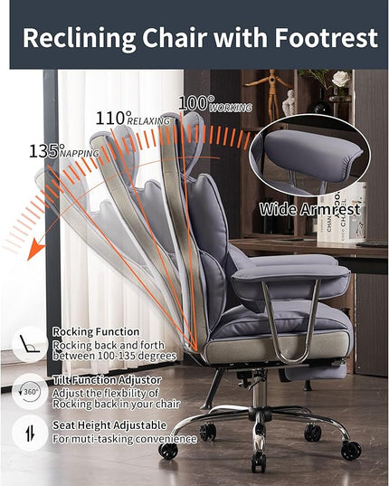Desk Office Chair 400LBS,Big and Tall PU Leather Computer Chair,Executive Office Chair with Leg Rest and Lumbar Support, High Back Home Office Chair，Light Purple Office Chair - LeafyLoom