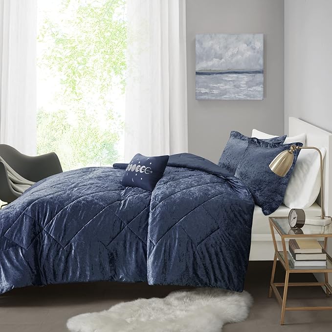 Intelligent Design Twin Comforter Set, Velvet Comforter Set , Luxury Diamond Quilting Comforter Set, Fluffy Comforter Bed Set with Decorative Pillowand 1 Sham, 3 Piece Navy, Twin/Twin XL - LeafyLoom