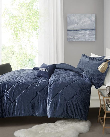 Intelligent Design Queen Comforter Set, Velvet Comforter Set , Luxury Diamond Quilting Comforter Set, Fluffy Comforter Bed Set with Decorative Pillowand 2 Shams, 4 Piece Navy, Full/Queen - LeafyLoom
