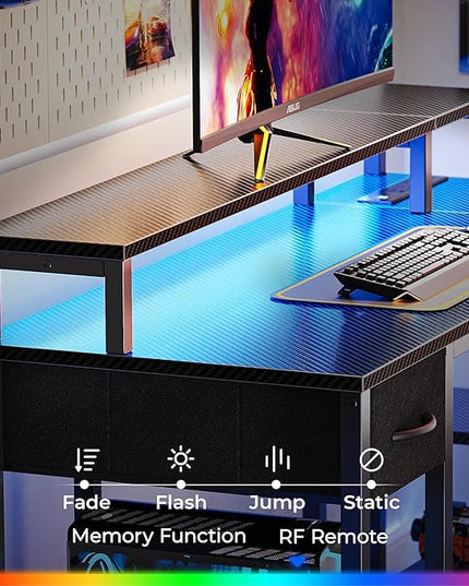 SUPERJARE 53 inch Reversible L Shaped Desk with LED Lights & Power Outlets, Computer Desk with Shelves & Monitor Stand, Gaming Desk with Drawer, Home Office Desk Corner Desk, Carbon Fiber Black - LeafyLoom