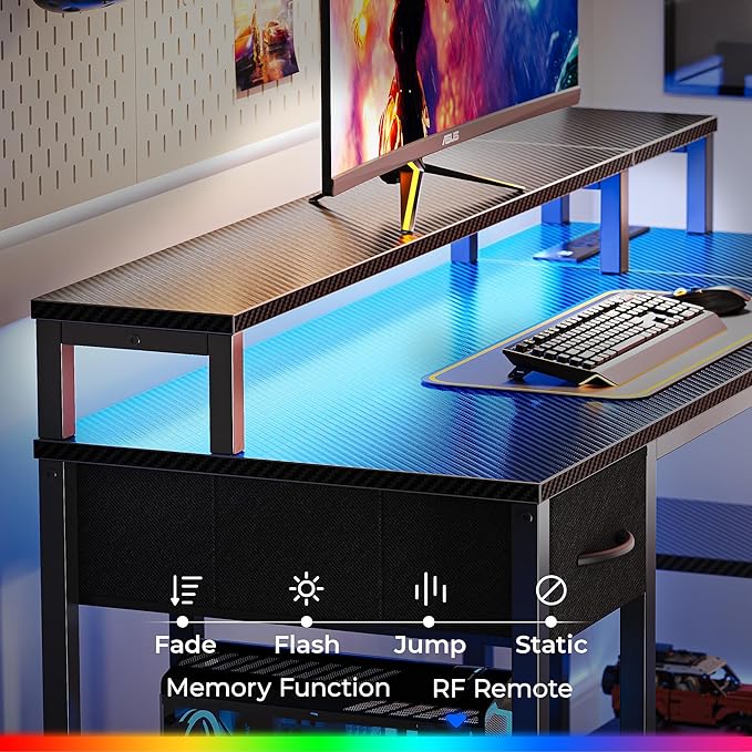 SUPERJARE 53 inch Reversible L Shaped Desk with LED Lights & Power Outlets, Computer Desk with Shelves & Monitor Stand, Gaming Desk with Drawer, Home Office Desk Corner Desk, Carbon Fiber Black - LeafyLoom