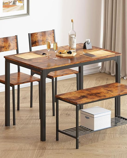 soges 4 Person Dining Table Set, 43.3inch Kitchen Table Set for 4, Dining Room 2 Chairs with Backrest, 2-Person Bench with Storage Rack, Vintage Brown - LeafyLoom
