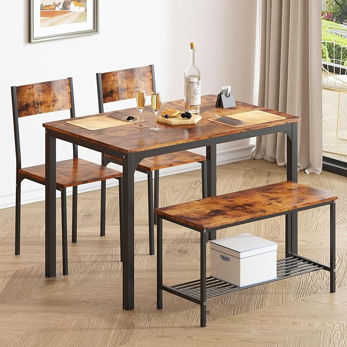 soges 4 Person Dining Table Set, 43.3inch Kitchen Table Set for 4, Dining Room 2 Chairs with Backrest, 2-Person Bench with Storage Rack, Vintage Brown - LeafyLoom