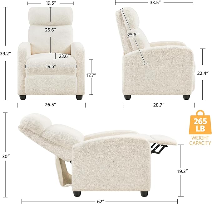 Yaheetech Fabric Recliner Chair Single Sofa Home Theater Seatting Adjustable Modern Single Reclining Chair for Living Room Bedroom Home Theater Ivory - LeafyLoom
