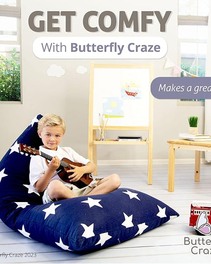 Butterfly Craze Bean Bag Chair Cover, Functional Toddler Toy Organizer, Fill with Stuffed Animals to Create a Jumbo, Comfy Floor Lounger for Boys or Girls, Stuffing Not Included, Navy Stars - LeafyLoom