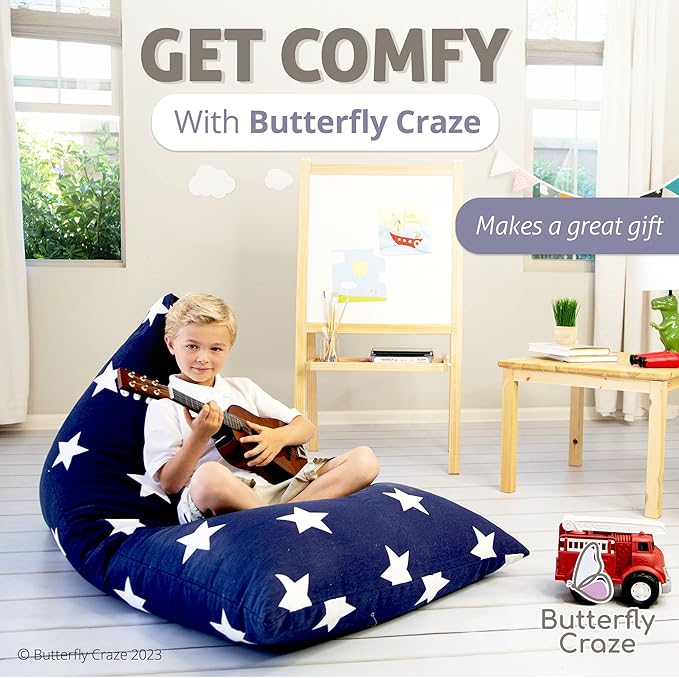 Butterfly Craze Bean Bag Chair Cover, Functional Toddler Toy Organizer, Fill with Stuffed Animals to Create a Jumbo, Comfy Floor Lounger for Boys or Girls, Stuffing Not Included, Navy Stars - LeafyLoom