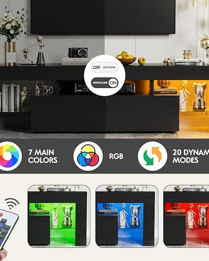 YESHOMY Modern LED TV Stand for Televisions up to 70 Inch with Glass Shelves and Drawer, Gaming Entertainment Center with Multiple Dynamic RGB Modes, for Livingroom, Bedroom, 60 Inch, Black - LeafyLoom