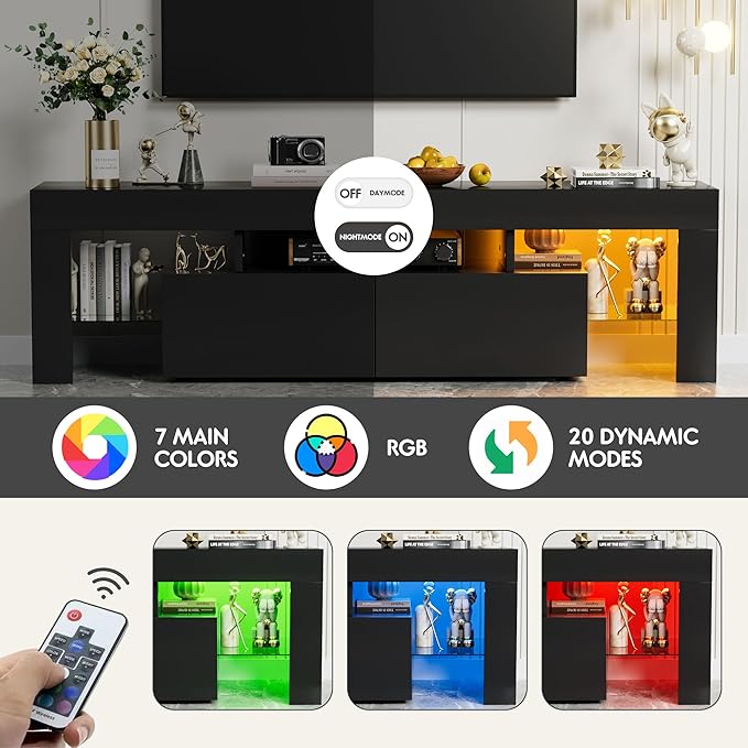 YESHOMY Modern LED TV Stand for Televisions up to 70 Inch with Glass Shelves and Drawer, Gaming Entertainment Center with Multiple Dynamic RGB Modes, for Livingroom, Bedroom, 60 Inch, Black - LeafyLoom