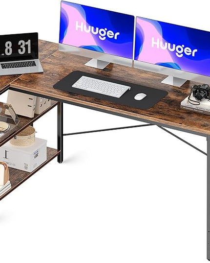 L Shaped Desk, 55 Inches Computer Desk with Reversible Storage Shelves, Gaming Desk, Corner Desk Home Office Desks, Writing Desk Study Desk with Metal Frame, Rustic Brown - LeafyLoom