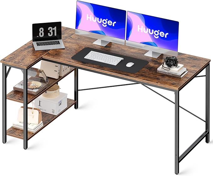 L Shaped Desk, 55 Inches Computer Desk with Reversible Storage Shelves, Gaming Desk, Corner Desk Home Office Desks, Writing Desk Study Desk with Metal Frame, Rustic Brown - LeafyLoom