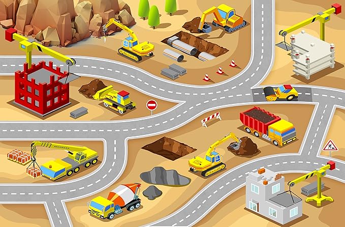 Kids Construction Site Play Rug Non-Slip Construction Vehicles Play Mat for Driving Toy Cars Daycare Nursery Preschool Playroom Kids Car Activity Carpet (construction play rug, 39X59 inches) - LeafyLoom