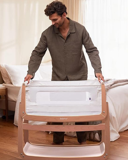 SnuzPod4, Bassinet Bedside Sleeper - Safe and Comfortable Baby Crib and Bed, 3D Breathable Mattress, Fits Bed with Adjustable Max. Height of 28.5”, Machine Washable Mesh Liner (Natural) - LeafyLoom