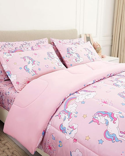 Mooreeke Kids Comforter Bed Set Twin Size for Girls, 6 Pieces Bed in a Bag with Shams, Sheet Set, Pink Unicorn Double Soft Microfiber Kids Comforter Bedding Set - LeafyLoom