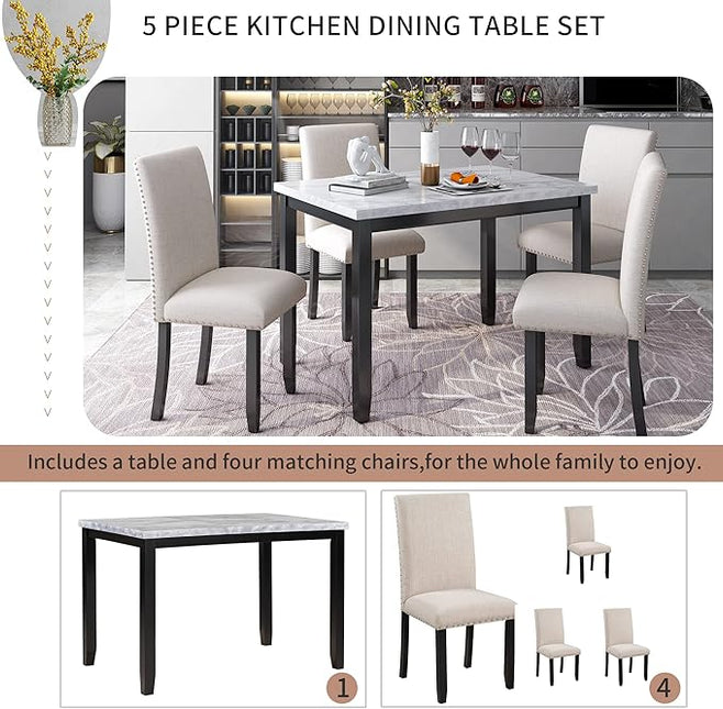 RITSU Modern Marble 5 Piece Dining Table Set with 4 Thick Upholstered Burlap Chairs W/Rivet Edge Trim, Solid Wood Frame, for Living Room, Apartment White/Beige & Black, 45.3inch - LeafyLoom