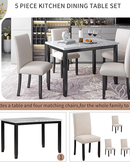 Kitchen Faux Marble 5-Piece Set Table with 4 Thicken Cushion Dining Chairs Home Furniture, White/Beige+Black - LeafyLoom