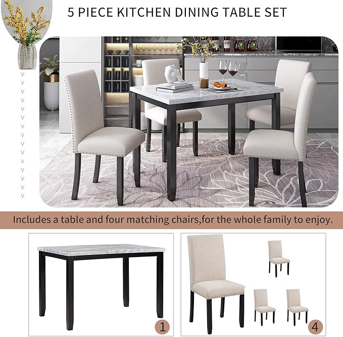 Kitchen Faux Marble 5-Piece Set Table with 4 Thicken Cushion Dining Chairs Home Furniture, White/Beige+Black - LeafyLoom