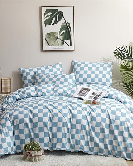 Wellboo Blue White Plaid Comforter Sets Queen Women Men Light Blue and White Checkerboard Grid Bedding Comforters Cotton Boys Girls Modern Dusty Blue Checkered Geometric Quilts Luxury Sky Blue Bed - LeafyLoom