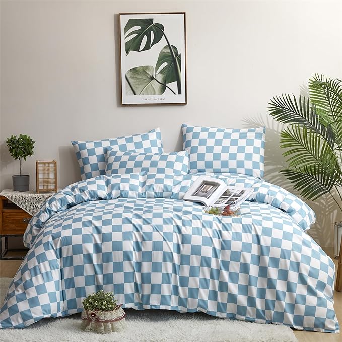 Wellboo Blue White Plaid Comforter Sets Queen Women Men Light Blue and White Checkerboard Grid Bedding Comforters Cotton Boys Girls Modern Dusty Blue Checkered Geometric Quilts Luxury Sky Blue Bed - LeafyLoom