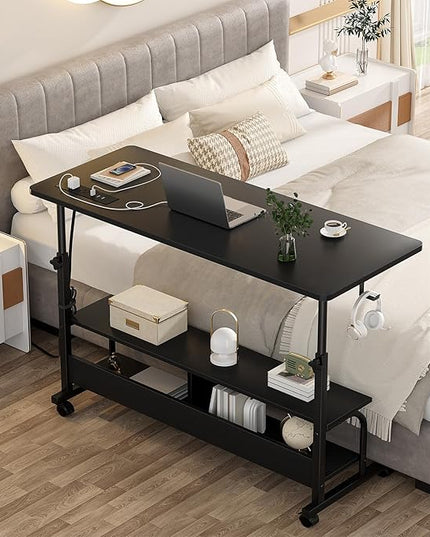 Height Adjustable Standing Desk with Power Outlets, 47" Manual Stand Up Desk with Storage Shelves Small Mobile Rolling Computer Desk Portable Laptop Table with Wheels for Home Office, Black - LeafyLoom
