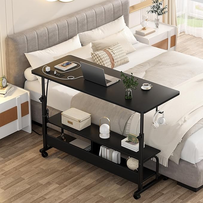 Height Adjustable Standing Desk with Power Outlets, 47" Manual Stand Up Desk with Storage Shelves Small Mobile Rolling Computer Desk Portable Laptop Table with Wheels for Home Office, Black - LeafyLoom