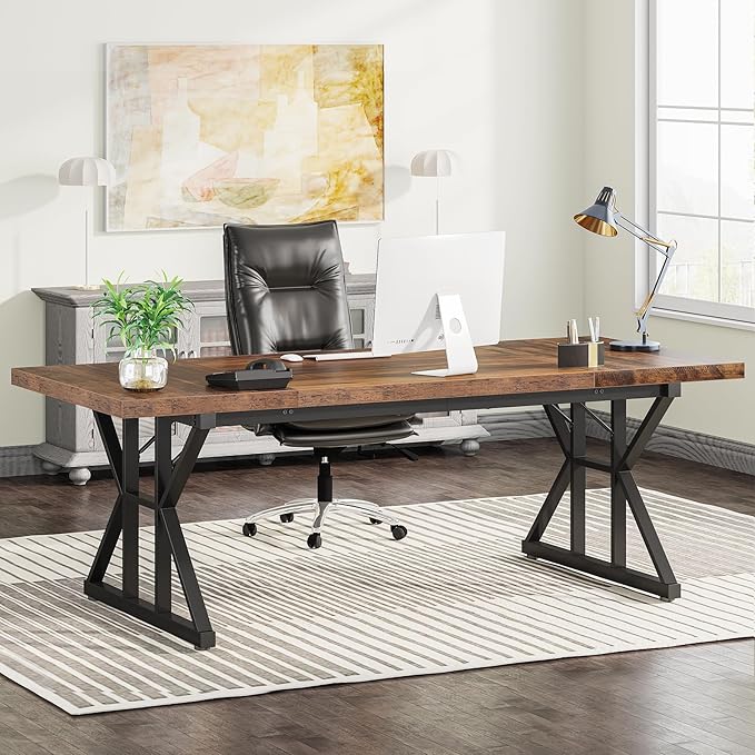 Tribesigns 70.8-Inch Executive Desk, Large Computer Office Desk Workstation, Modern Simple Style Laptop Desk Study Writing Table Business Furniture for Home Office (Brown/Black, 70.8 Inch) - LeafyLoom
