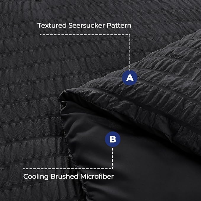 HYMOKEGE Seersucker Queen Comforter Set 3 Pieces, Lightweight Comforter Sets for Bedding, Bed Set with 1 All Season Soft Down Alternative Comforter and 2 Pillow Shams, Black - LeafyLoom