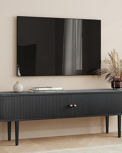 71’’ Black TV Stand with Storage and Shelves designed to fit 65’’ - 75’’ TVs. Black Wood Entertainment Center for Living Room and Bedroom, Media Console and Modern TV Console Table (Black Oak) - LeafyLoom