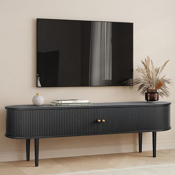71’’ Black TV Stand with Storage and Shelves designed to fit 65’’ - 75’’ TVs. Black Wood Entertainment Center for Living Room and Bedroom, Media Console and Modern TV Console Table (Black Oak) - LeafyLoom