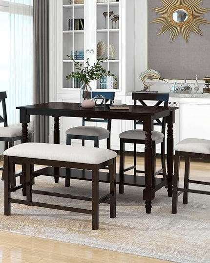 6-Piece Counter Height Kitchen Table Set, Dining Table Set for 6 with 4 Upholstered Chairs, Bench and Storage Shelf, Dining Room Table Set for Kitchen, Living Room, Espresso+Beige - LeafyLoom