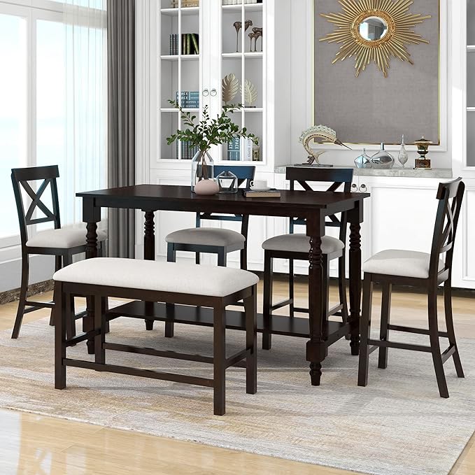 6-Piece Counter Height Kitchen Table Set, Dining Table Set for 6 with 4 Upholstered Chairs, Bench and Storage Shelf, Dining Room Table Set for Kitchen, Living Room, Espresso+Beige - LeafyLoom