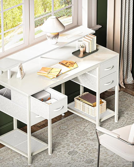47 inch Computer Desk with 4 Drawers, Gaming Desk with LED Lights & Power Outlets, Home Office Desk with Large Storage Space for Bedroom, Work from Home, White - LeafyLoom