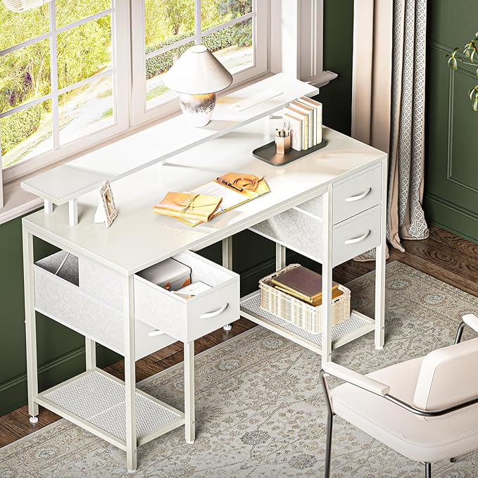 47 inch Computer Desk with 4 Drawers, Gaming Desk with LED Lights & Power Outlets, Home Office Desk with Large Storage Space for Bedroom, Work from Home, White - LeafyLoom