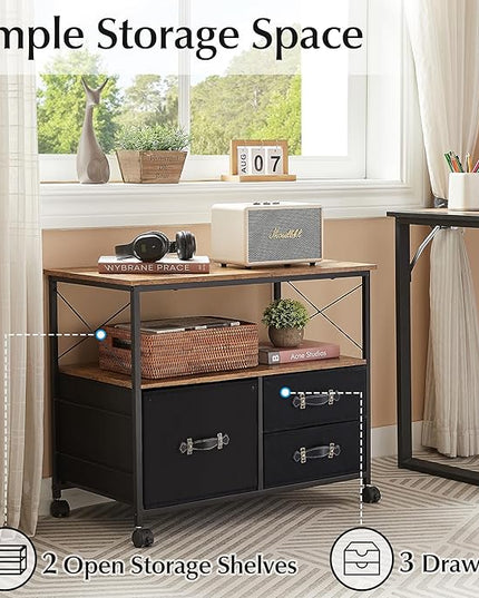 VECELO Mobile File Cabinet, Rolling Printer Stand with Open Shelf Fabric Lateral Storage Station for Home Office, Adapts Letter Size Hanging Folders, Brown, 3 Drawer - LeafyLoom