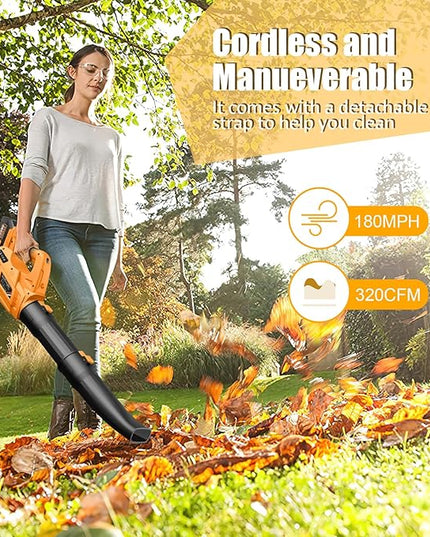 Leaf Blower - 320CFM 180MPH 21V Leaf Blower Cordless with 2 X 5.0 Ah Battery & Charger, Electric Leaf Blower Battery Powered Leaf Blower Lightweight for Snow Blowing & Lawn Care Yard Cleaning - LeafyLoom