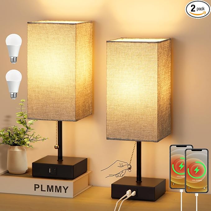 Table Lamp for Bedroom Set of 2, Warm White Bedside Lamps with USB Type C Outlets, Square Pull Chain Nightstand Lamp for Living Room, Office Desk, LED Bulb Included - LeafyLoom