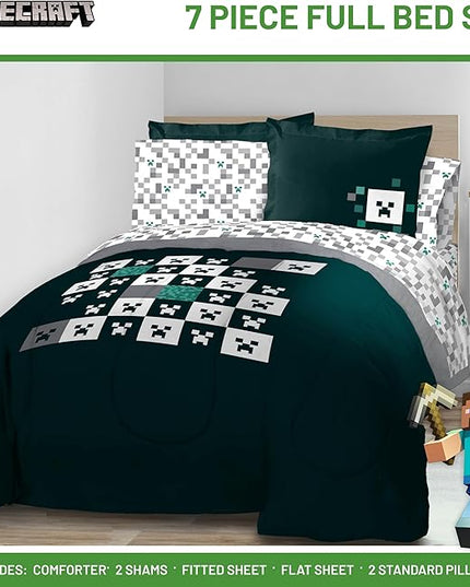Minecraft Creeper Full Comforter Set - 7 Piece Gamer Bedding includes Sheet Set & Pillow Covers - Super Soft Checkered Kids Bedding - LeafyLoom