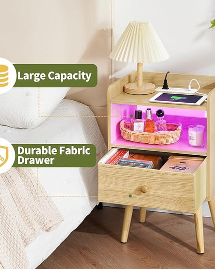 Yoobure Nightstand with Charging Station, Modern Night Stand with LED Lights, Wood Nightstands with Fabric Drawer & Storage Shelf, Night Stands Bedside Table with USB Ports for Bedroom, Office, Home - LeafyLoom