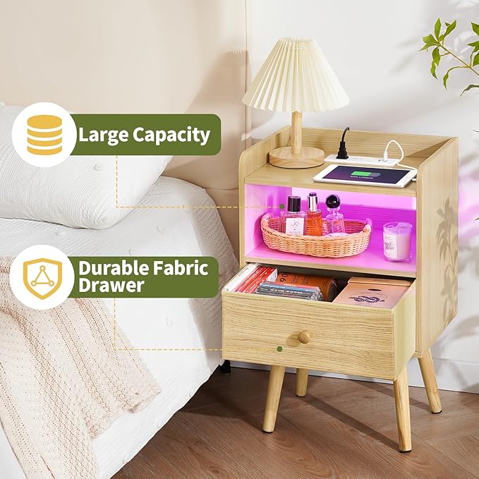 Yoobure Nightstand with Charging Station, Modern Night Stand with LED Lights, Wood Nightstands with Fabric Drawer & Storage Shelf, Night Stands Bedside Table with USB Ports for Bedroom, Office, Home - LeafyLoom