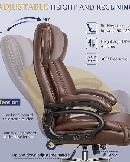 Big and Tall Office Chair 500lbs, Large High Back Executive Desk Chair with Extra Wide Seat, Heavy Duty Metal Base & Wheels, Ergonomic PU Leather Chair with Adjustable Lumbar Support, Brown - LeafyLoom