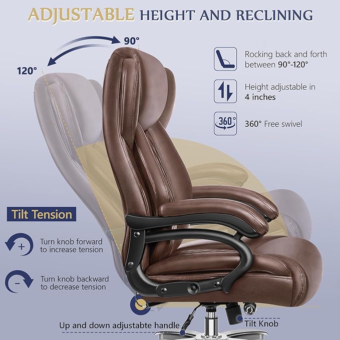 Big and Tall Office Chair 500lbs, Large High Back Executive Desk Chair with Extra Wide Seat, Heavy Duty Metal Base & Wheels, Ergonomic PU Leather Chair with Adjustable Lumbar Support, Brown - LeafyLoom