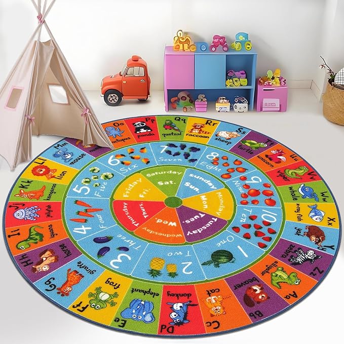 HEBE Kids Play Rug 4ft ABC Alphabet Numbers Shapes Educational Kid Area Rug Washable Baby Crawling Mat Non Slip Kid Play Mat Carpet for Girl Boy Bedroom Playroom - LeafyLoom