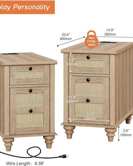 WAMPAT End Tables with Charging Station Set of 2, Rattan Side Table Farmhouse Nightstand with Drawer & Cabinet, Wooden Bedside Table with Power Outlets & USB Ports for Bedroom & Living Room, Burlywood - LeafyLoom