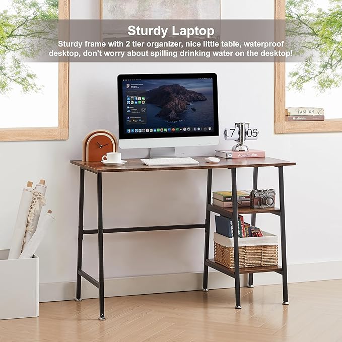VECELO 43 Inch Computer Desk Writing Study Work Office Table Modern desk with shelves wooden desk for Home Bedroom,Walnut Desk - LeafyLoom