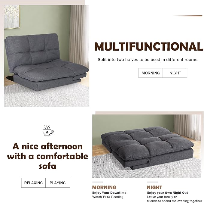 Futon Sofa Bed, Memory Foam Futon Sleeper Sofa Loveseat Convertible Couch Bed for Small Compact Living Spaces,Apartment,Grey Linen Fabric - LeafyLoom